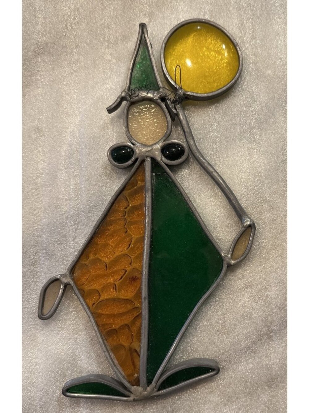 Stained Glass Sun Catcher Clown 7” Green Gold Yellow Vintage